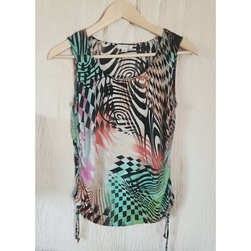 F26 Erin London colorful sparkly tank blouse w ruching & ties at sides Sz Med